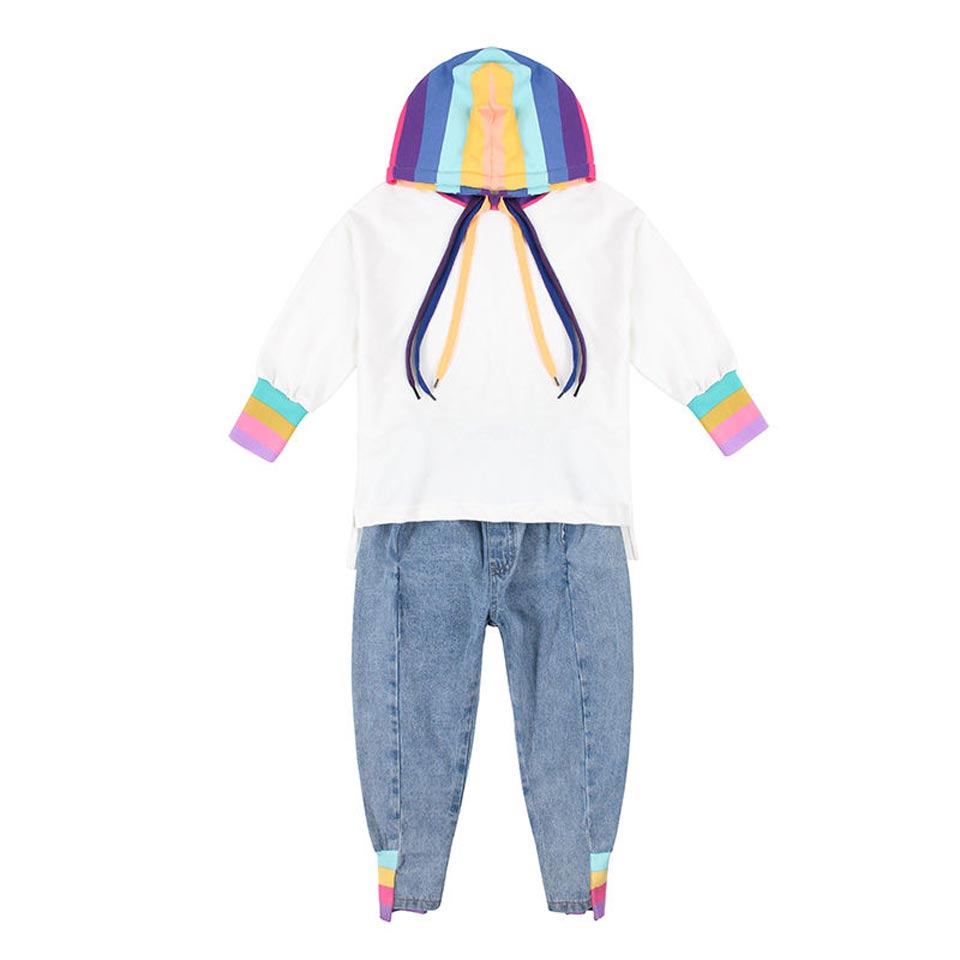 Flickset vår höst barnkläder set hoodie sweatshirt + jeans byxor 2 st tonårs skolflickor helärmar träningsoverall
