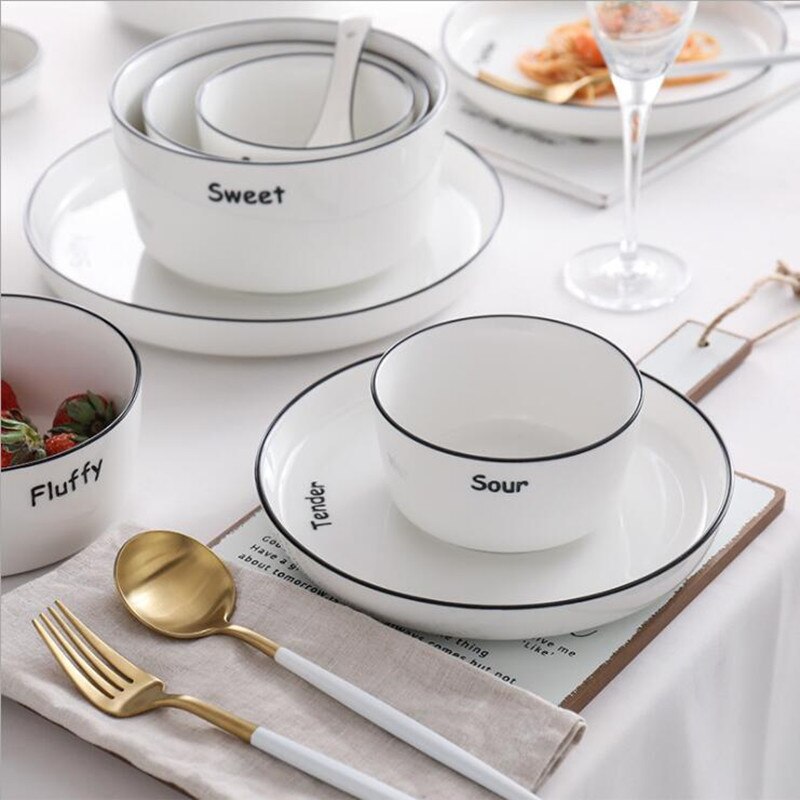 With Letters White Dinner Plate Ceramic Kitchen Plate Tableware Set Food Dishes Rice Salad Noodles Bowl Soup Kitchen Cook Tool
