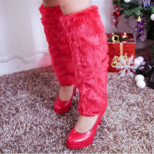 Invierno de Color sólido de las mujeres cubrebotas calientes Furry Faux calentadores de piel para piernas leggings de piel largo: Rojo