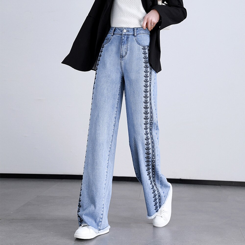 Pantalones vaqueros de pierna ancha con bordado para mujer, Vaqueros holgados de talla grande con borde suave en bruto, cintura Extra larga, 2022: 29