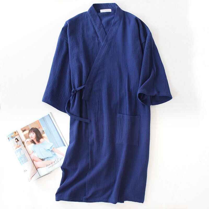 Koselig sommer ren bomull kimono badekåper menn crepe 100%  bomull uformelt mannlige badekåper lange ermer spa japanske badekåper til menn: Blå / L