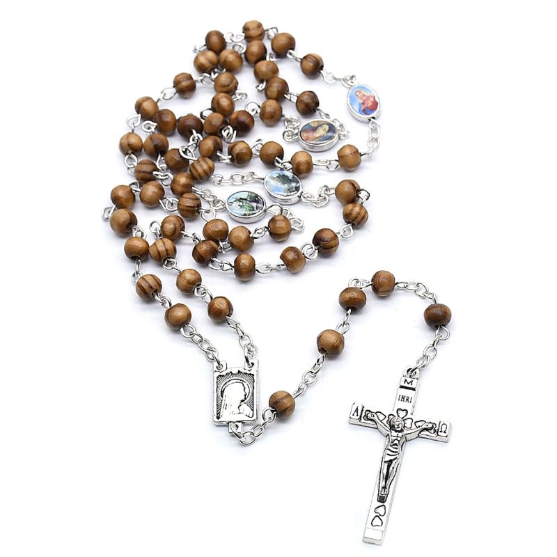 Handgemaakte Ronde Hout Rozenkrans Kralen Kruis Religieuze Jesus Ketting Christian Charms