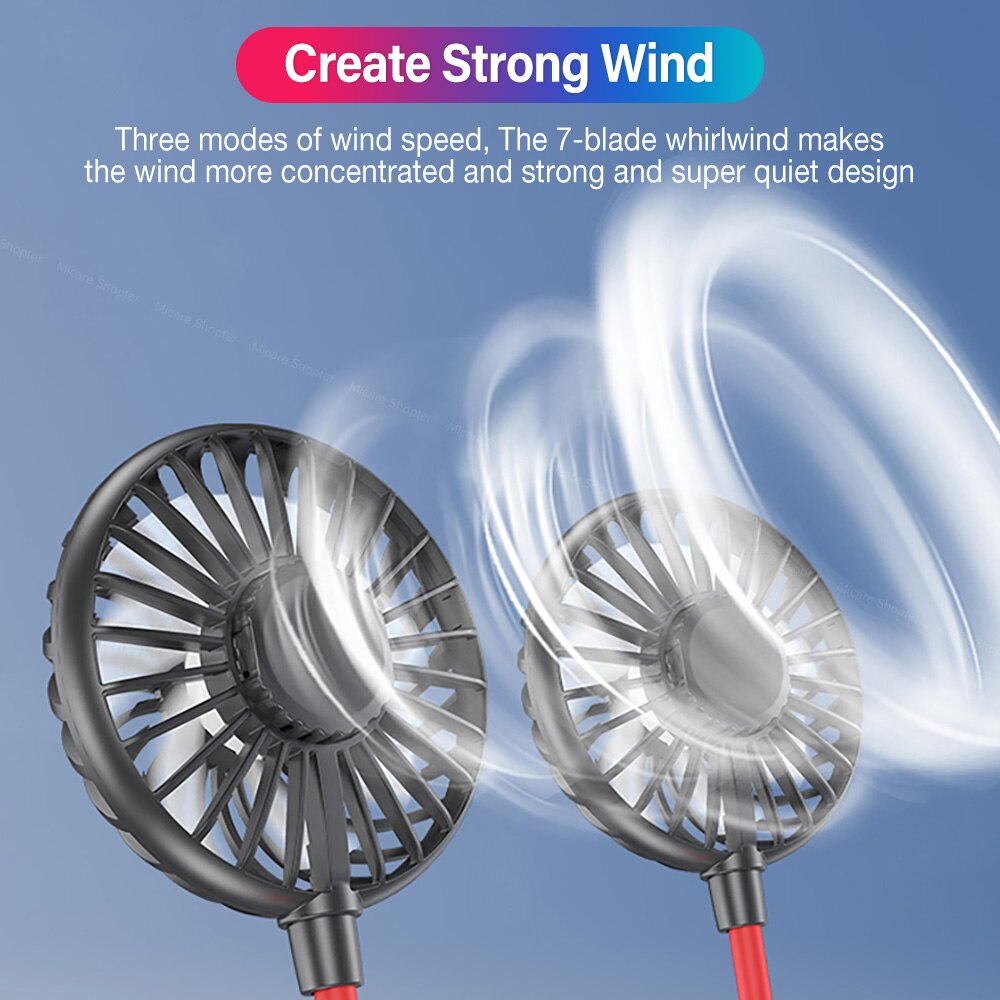Mini bærbare hals fans håndfri klimaanlæg ventilator luftkøler usb genopladelig 3 hastighed justerbar farverig lys blæser
