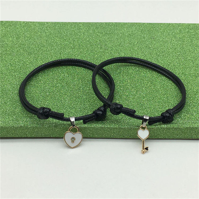 2 unids/set pulsera minimalista para parejas, llave esmaltada, pulsera con cierre de amor, pulsera de cuerda de cera ajustable, accesorio Unisex para hombres y: Chapado en platino