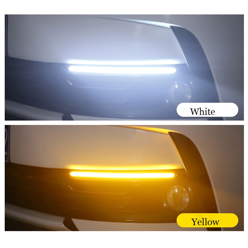 2 Stuks Auto Led Dagrijverlichting Waterdichte Koplamp Strip Wit Licht Drl Sequentiële Flow Geel Richtingaanwijzer Lamp