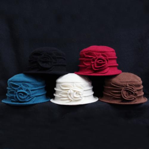 Vintage Women Wool Church Cloche Flapper Hat Lady Bucket Winter Flower Cap: White