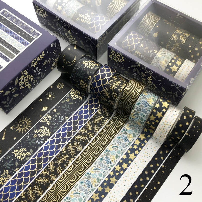 Cinta adhesiva decorativa Estilo Vintage para álbum de recortes, cinta adhesiva Washi de color negro y dorado para decoración de álbumes de recortes, papelería para diario, 10 unids/set por juego: 2