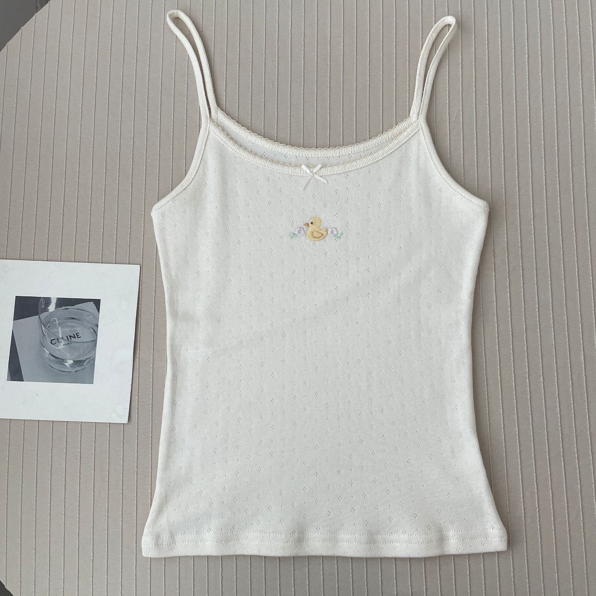 Tops cortos de algodón con lazo y ojales florales para mujer, Top sin mangas ajustado con adornos de encaje, camisola dulce de estilo Preppy, ropa Y2k: royal blue
