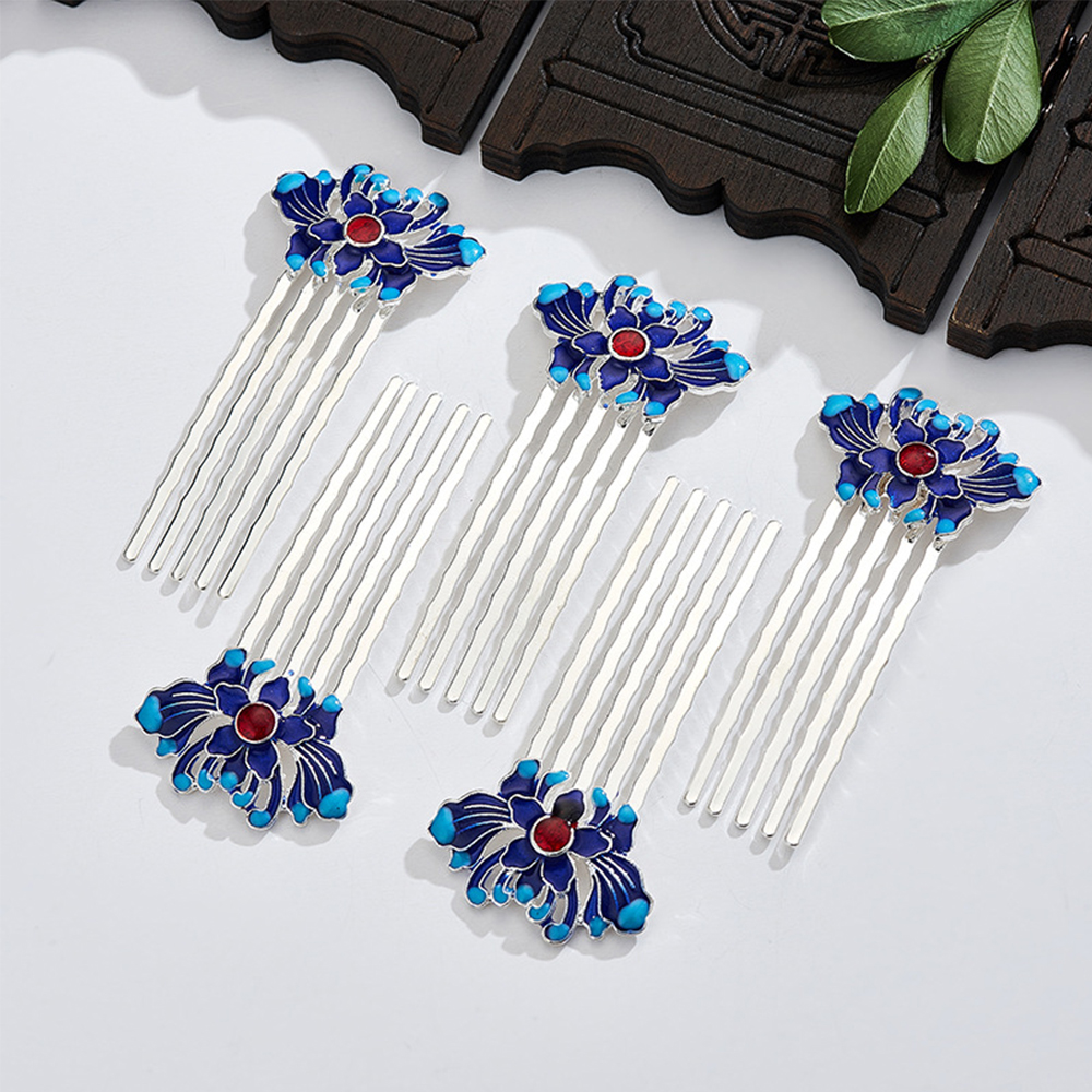 Chinese Hanfu Hair Comb Traditional Classical Style Hairpin Cloisonne Wedding Blue Green Lotus Hair Accessories