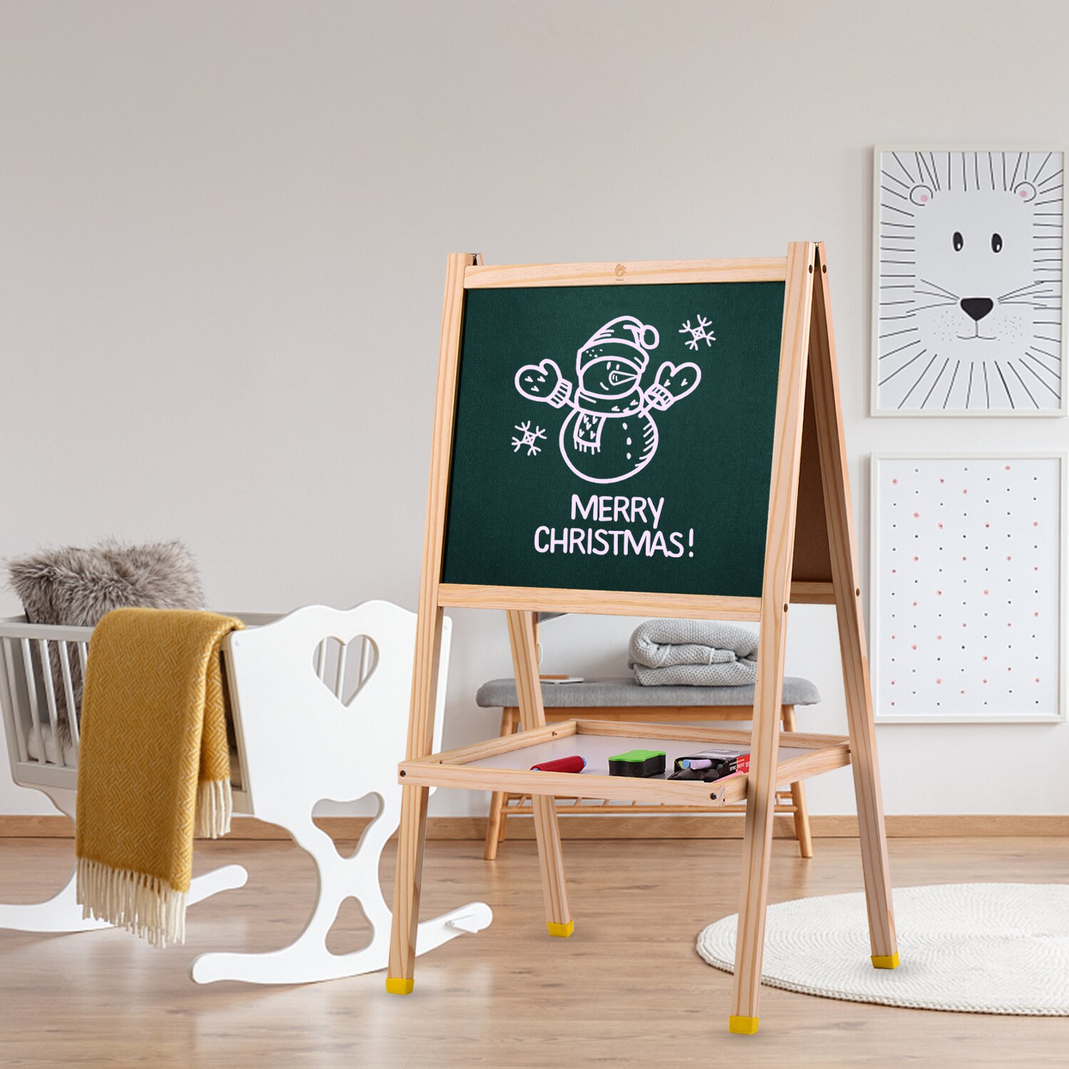 Wooden Art Easel Magnetic Double-Sided Chalkboard & Dry Erase Board Standing Easel Easy to Assemble with Storage Shelf