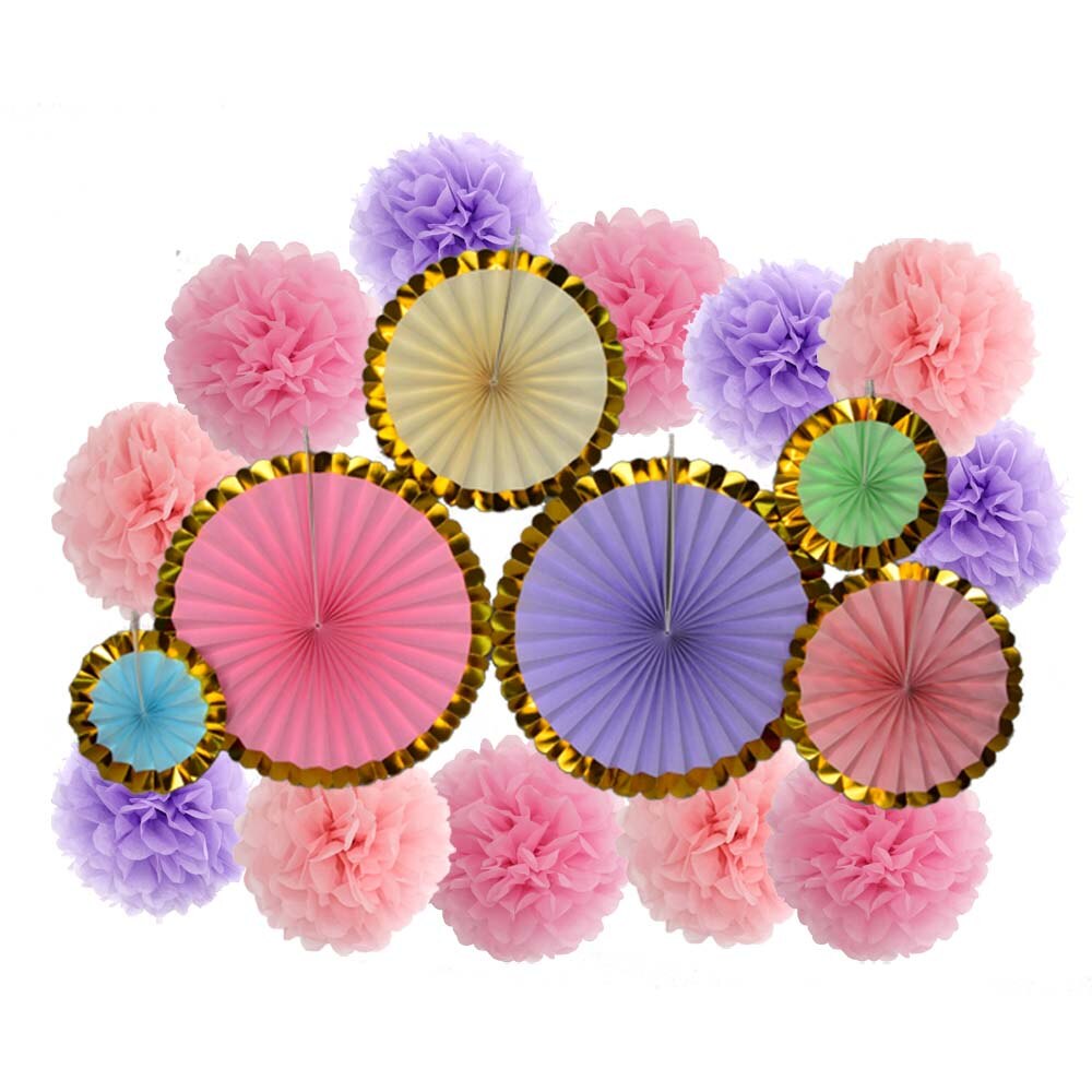 Lente Party Favor Goud Groen Set Vouwen Opknoping Papier Pom Pom Fans Baby Shower Kids Meisje Jongen Verjaardag Decoratie: Pink Purple Set