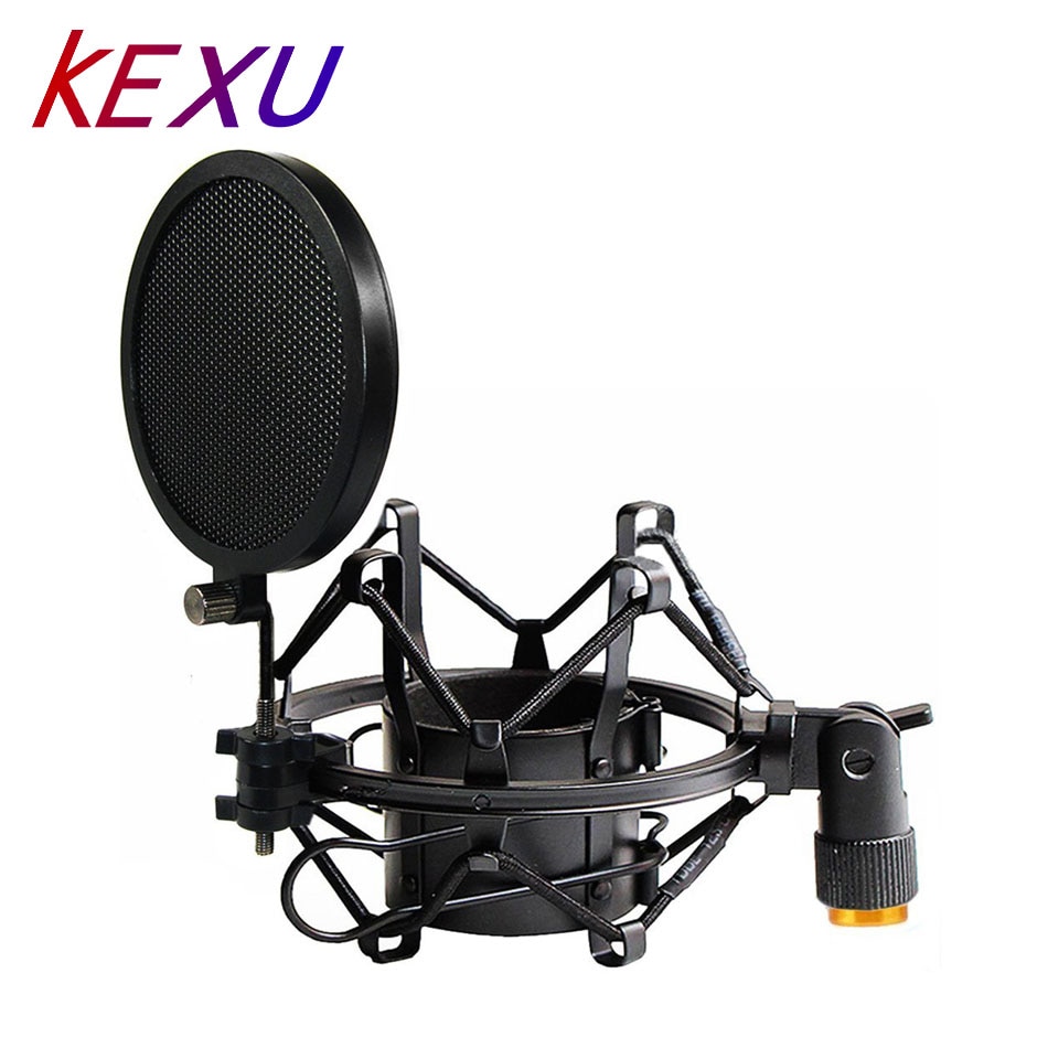 47-53mm Microphone Shock Mount Double Mesh Pop Filter & Screw Adapter Adjustable Anti Vibration Isolation Metal Mic Mount Holder