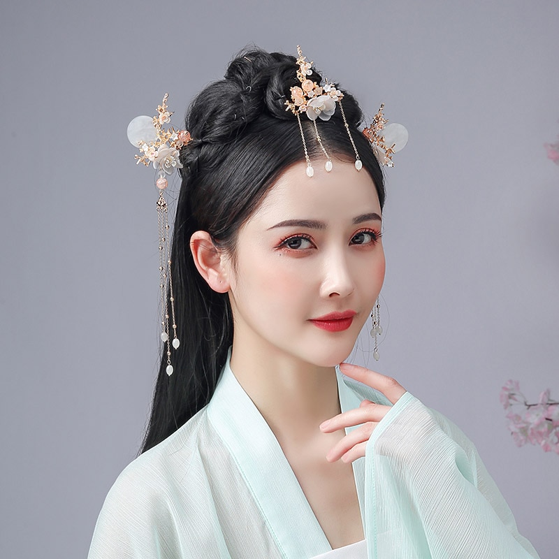 Forseven Chinese Hanfu Jurk Haarspelden Clips Vlinder Bloem Shining Crystal Parels Tassel Kammen Hoofddeksels Sieraden Sets