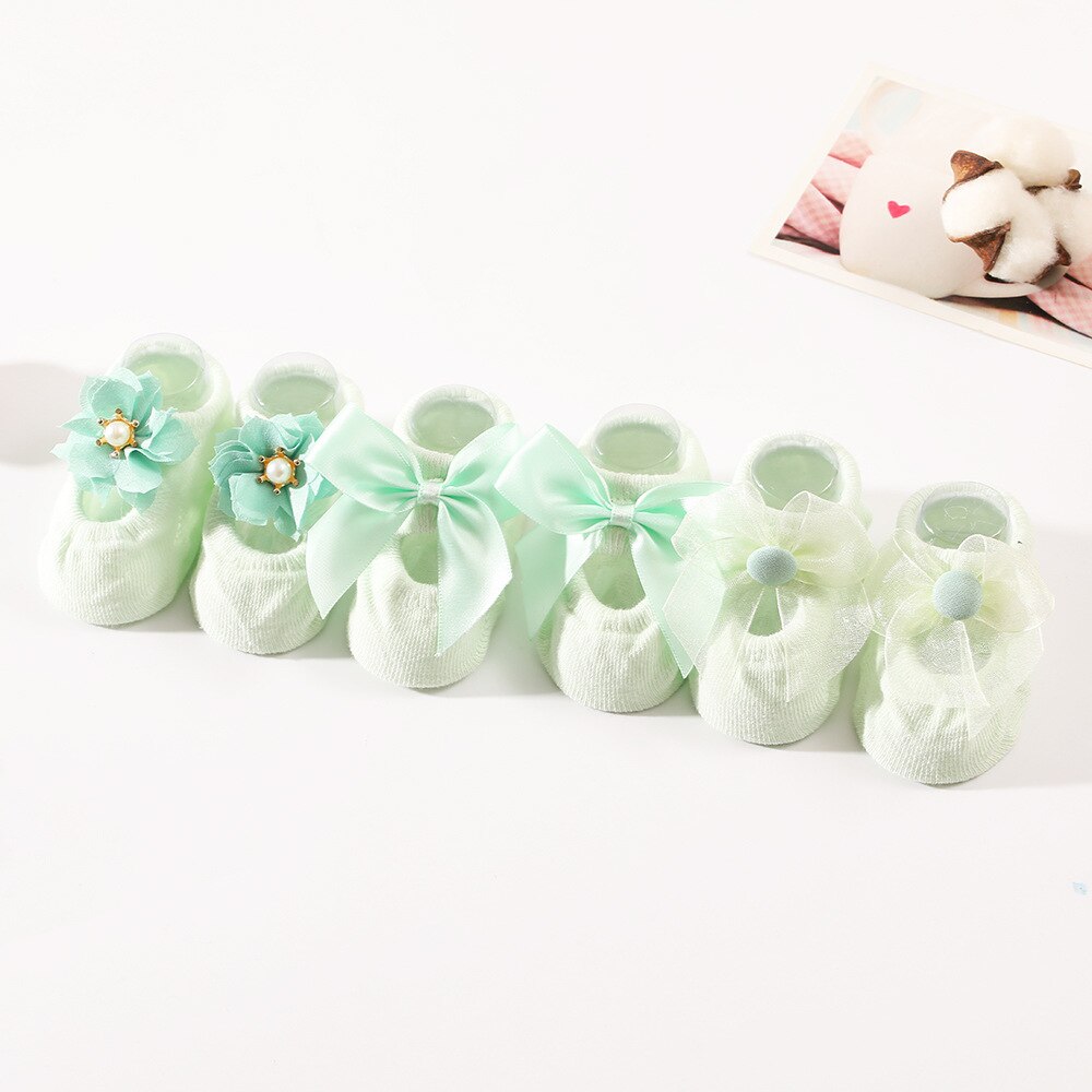 3 Paren/set 0-12Months Baby Sokken Leuke Kant Bloem Parels Crown Bows Antislip Pasgeboren Baby Meisje Sokken Katoen Prinses meisjes Sokken: 03