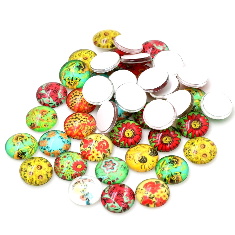 50 Stks/partij 12 Mm Kleurrijke Mode Bloem Foto Glas Cabochons Gemengde Kleur Cabochons Voor Armband Oorbellen Ketting Bases Instellingen