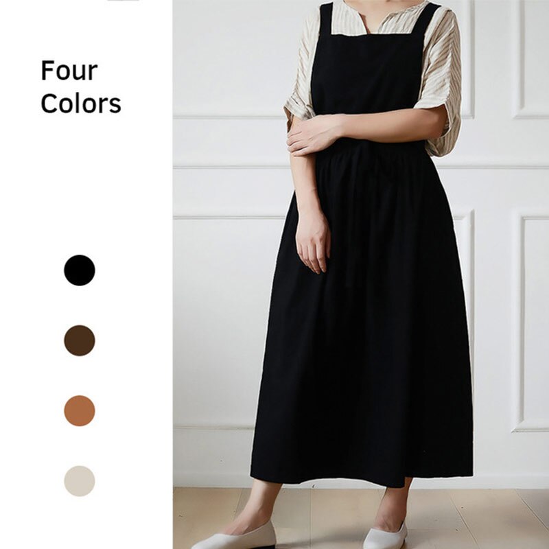 Japanese Apron Pinafore Dress Korean Work Gown Apricot with Long Waist Tie for Women Kitchen Cooking Baking Robe TJ3648