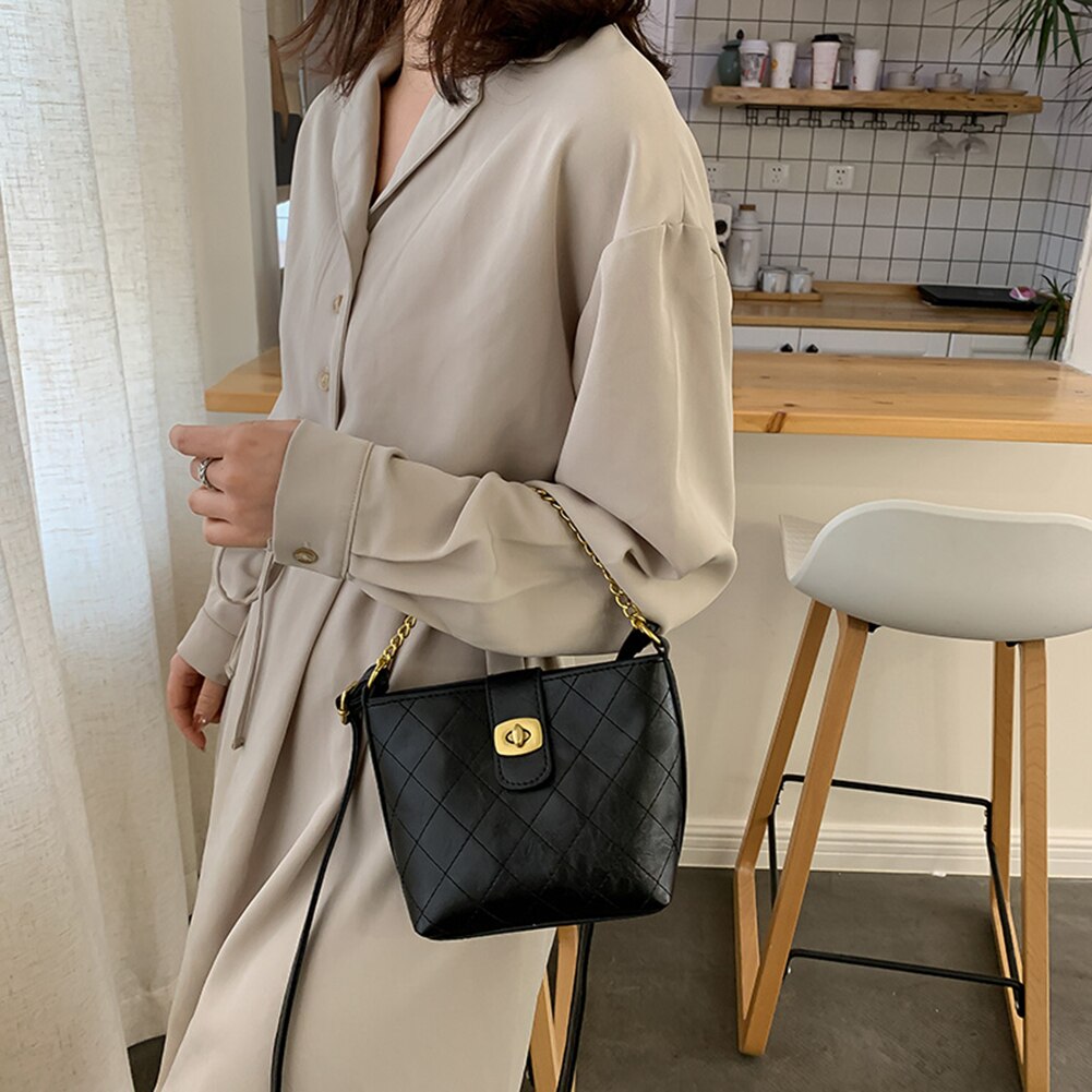 Frauen Schulter Umhängetaschen PU Leder Einfarbig retro Umhängetasche Für Weibliche Damen Schlinge Kette Eimer Handtasche