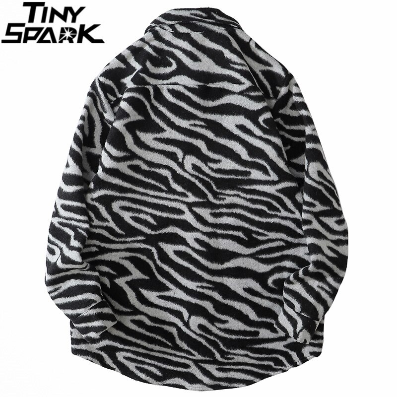 Vintage Retro Flannel Shirt Men Hip Hop Streetwear Zebra Striped Shirt Harajuku Cotton Fleeve Long Sleeve Shirt Casual Thick