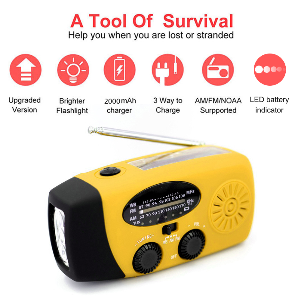 2000Mah Portable Hand Radio Solar Crank Dynamo Powered Am/Fm/Noaa Weather Radio Gebruik Emergency Led Zaklamp en Power Bank: Yellow E