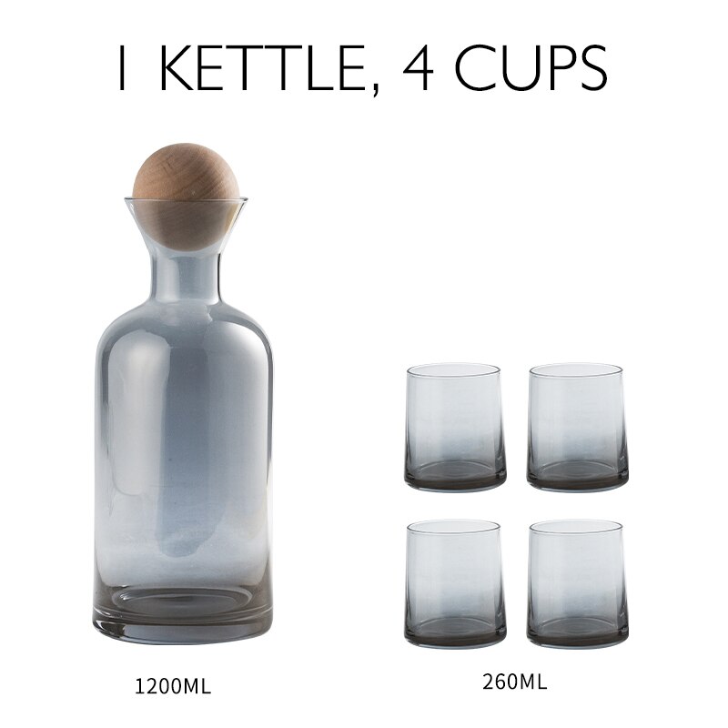 JINYOUJIA Nordic Glass Carafe Water Pitcher with Wood Lid Kettle Drinking Cup Tea Pot Juice Jug Household Drinkware: GRAY 4 cup set