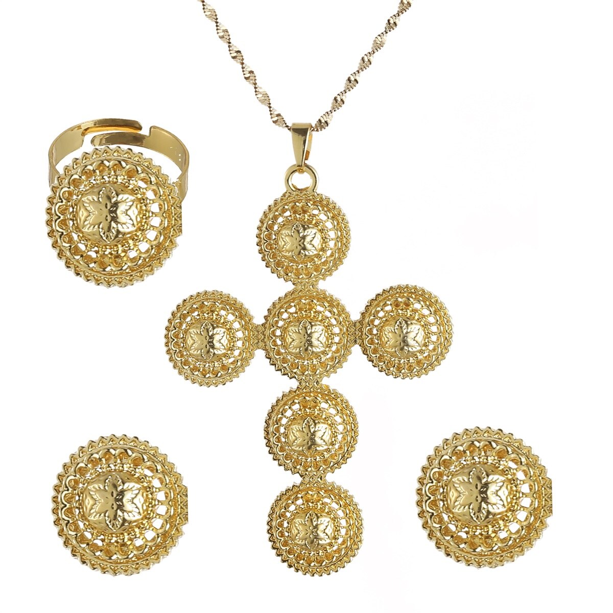 Ethiopian Traditional Gold Cross Bridal Jewelry Sets For Women Ethiopia Eritrea Habesha Wedding Necklace Earrings