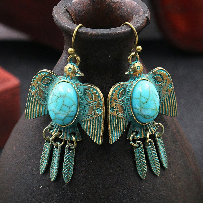 Pendientes colgantes étnicos de turquesas para mujer, aretes de Metal, color verde, bronce antiguo, con forma de paloma