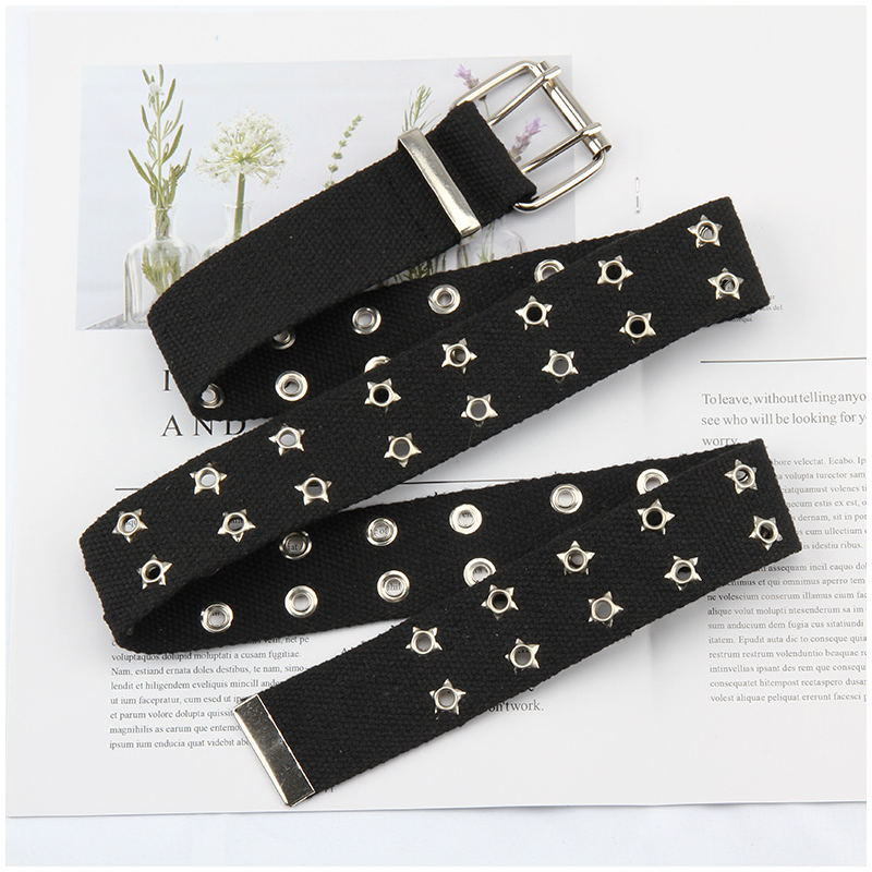 Double Grommet Belt Canvas Belt Double star Hole Belt for Women Punk Rock Jeans Belt