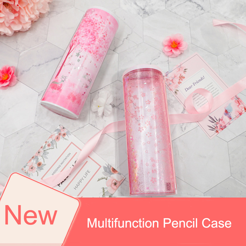 Quicksand Translucent Multifunction Cylindrical ipen Pencil Box Case Stationery Pen Holder Newmebox Pink Blue Star