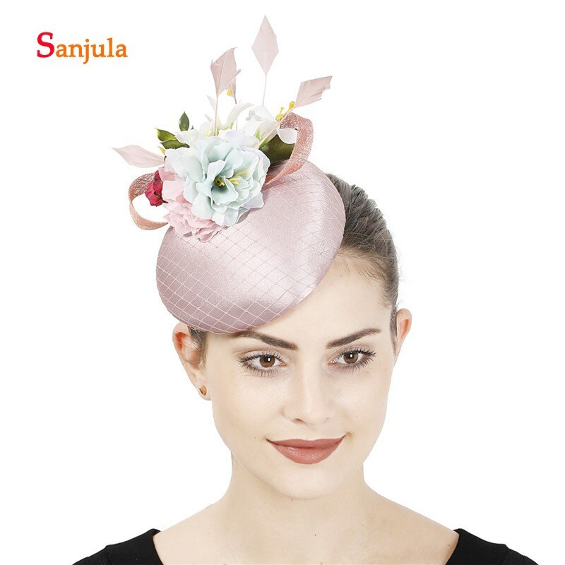 Satin hat til brudefjer håndlavede blomster bryllup hår tilbehør pink satin hat kvinder festtøj 396