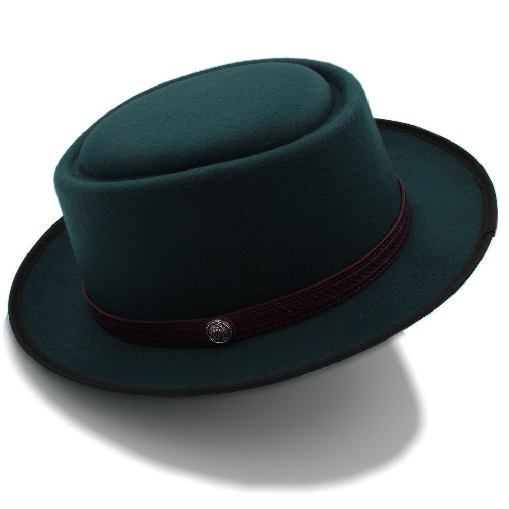 Chapeau en tarte de porc pour femmes hommes | Chapeau Fedora plat en laine pour Gentleman, papa Gambler Panama Trilby chapeau avec Belwt taille 58CM: Sky Blue