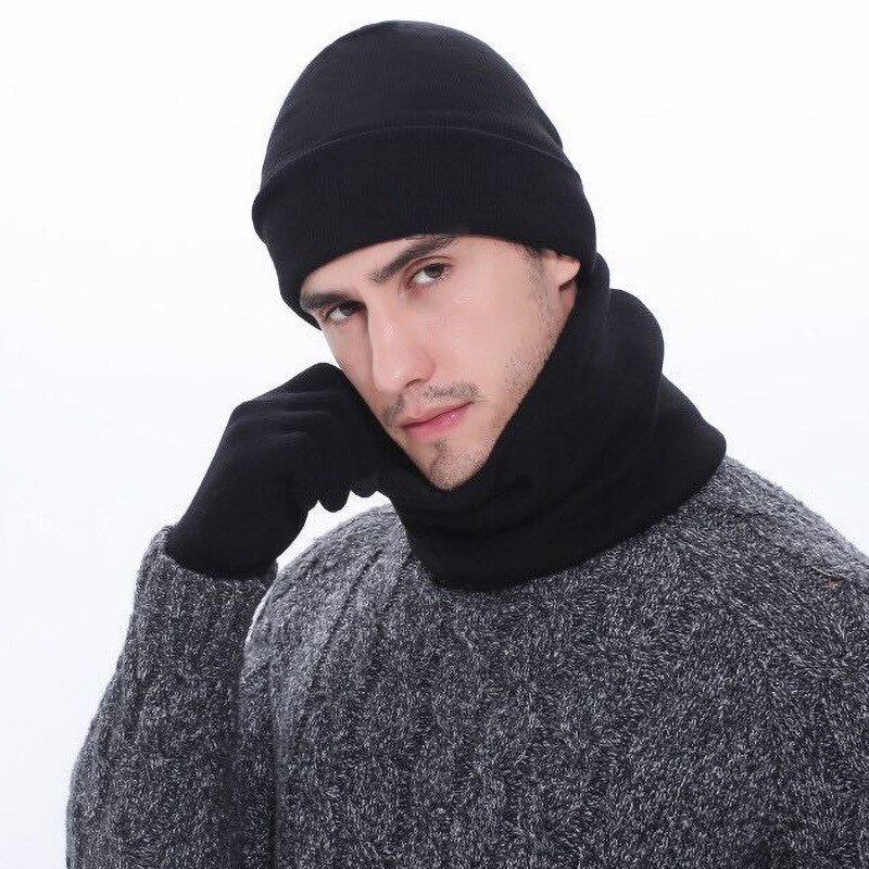 Varm vinterstrikkede hatte tørklæde og handsker til mænd rødbrun grå sort hat og tørklæde sæt 3 stk