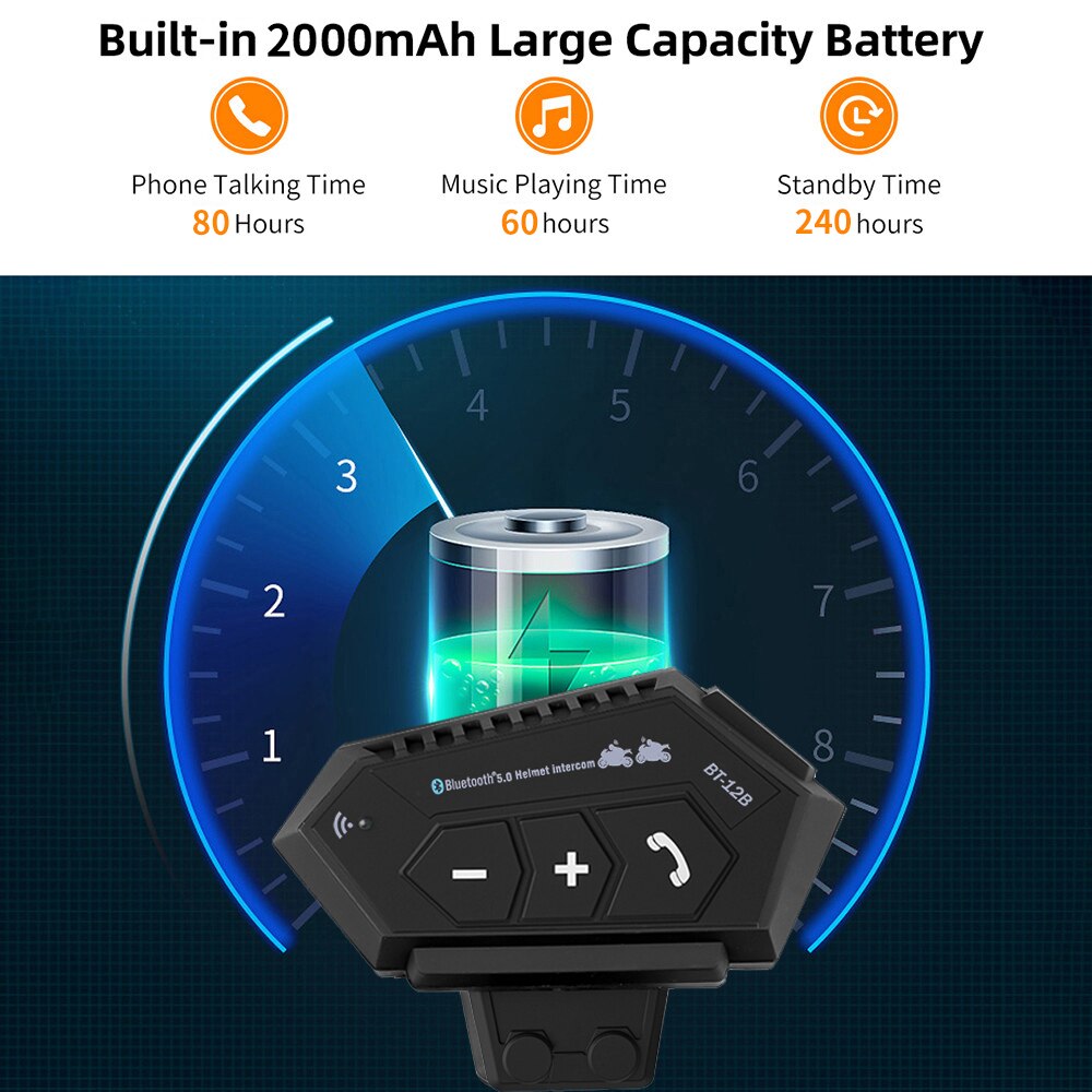 2000mah Battery BT-12B Motorcycle Helmet Intercom Bluetooth 5.0+CSR Headset Handsfree For Full/Half Face Helmet PK BT-12/12S