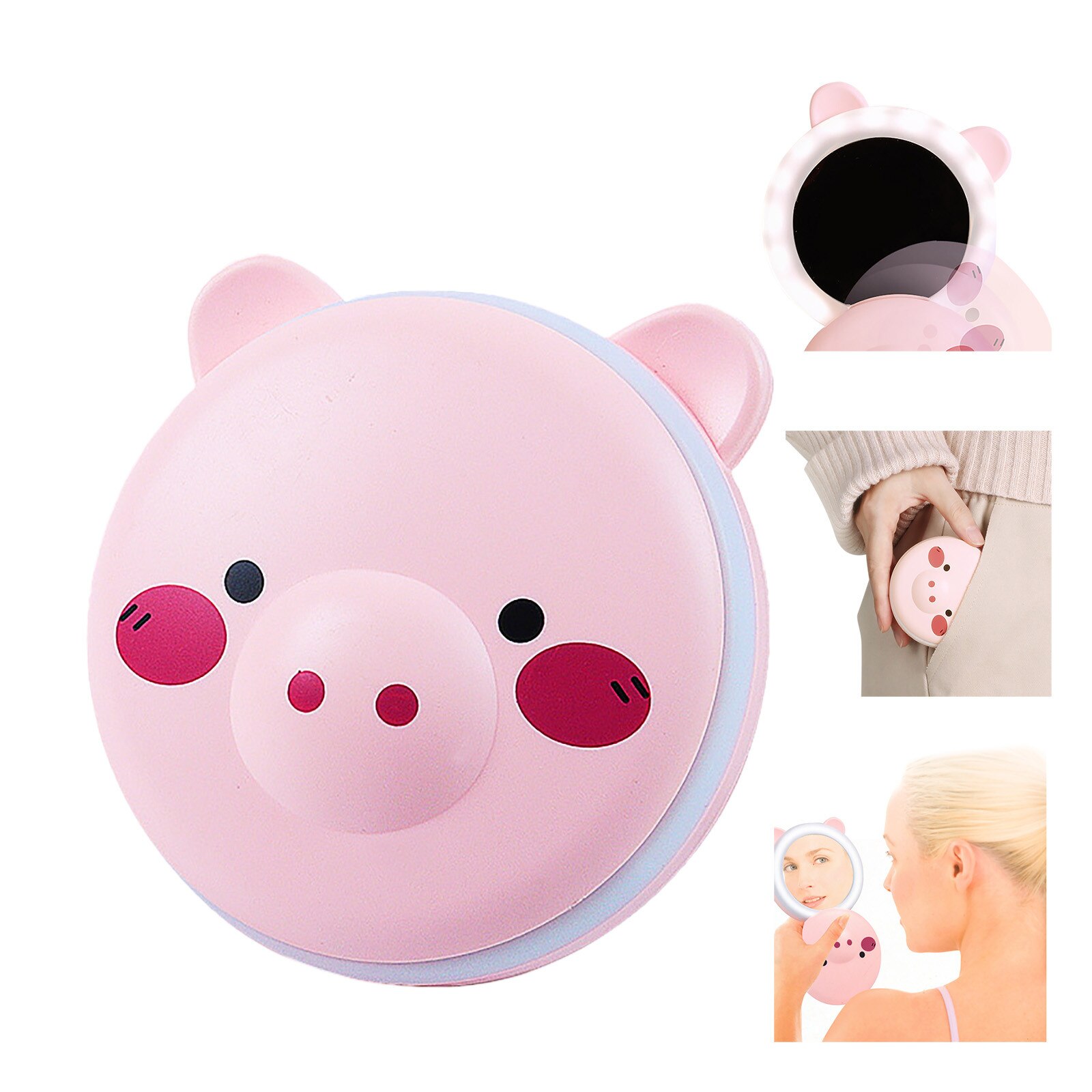 1pc 3 in 1 mini cosmetic mirror hand warmer pig-shaped hand warmer with LED light charging USB office mini hand warmer: B