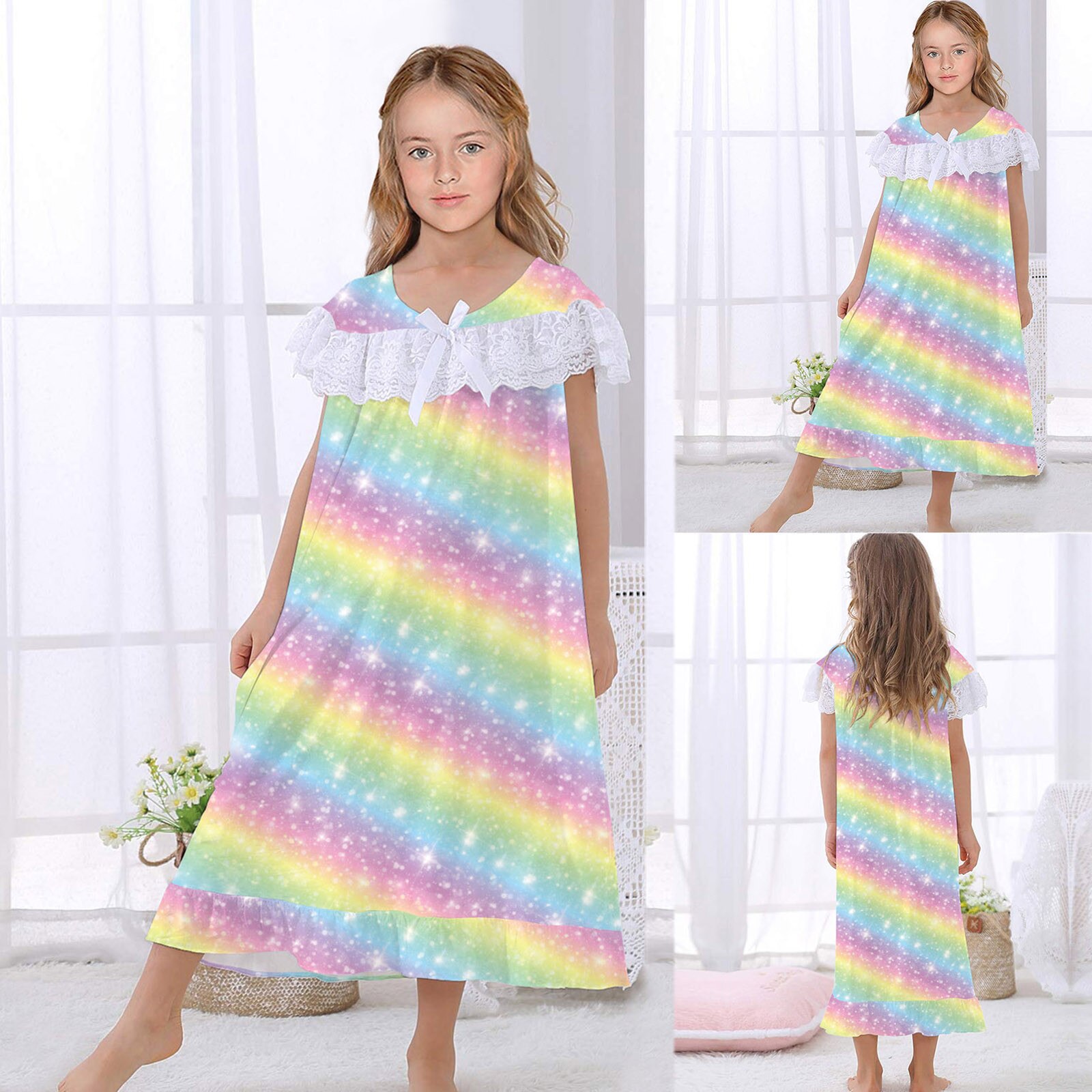 Girls Nightdress Short Sleeve Cute Princess Lace Cotton Sleep Dress Soft And Comfortable Breathable With Zipper On The Back: A / M