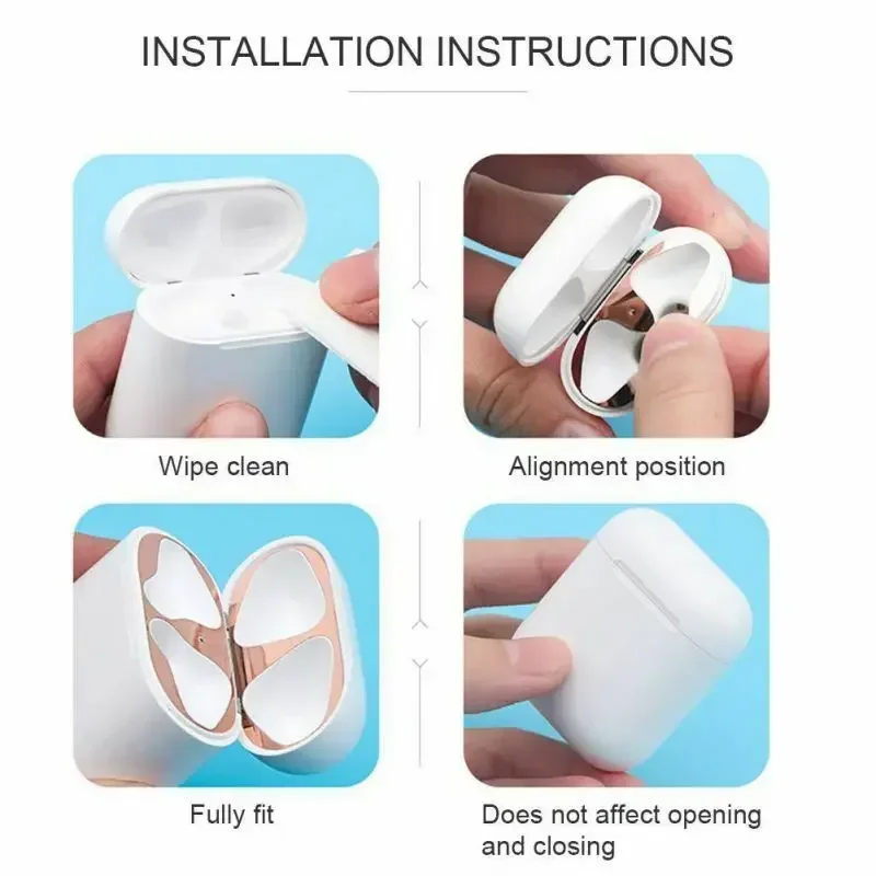 Autocollant AirPods pour Apple Airpods 1 2 3 Pro Pro2, boîte de chargement pour écouteurs, autocollant anti-poussière, autocollants de protection contre la poussière en métal étanche