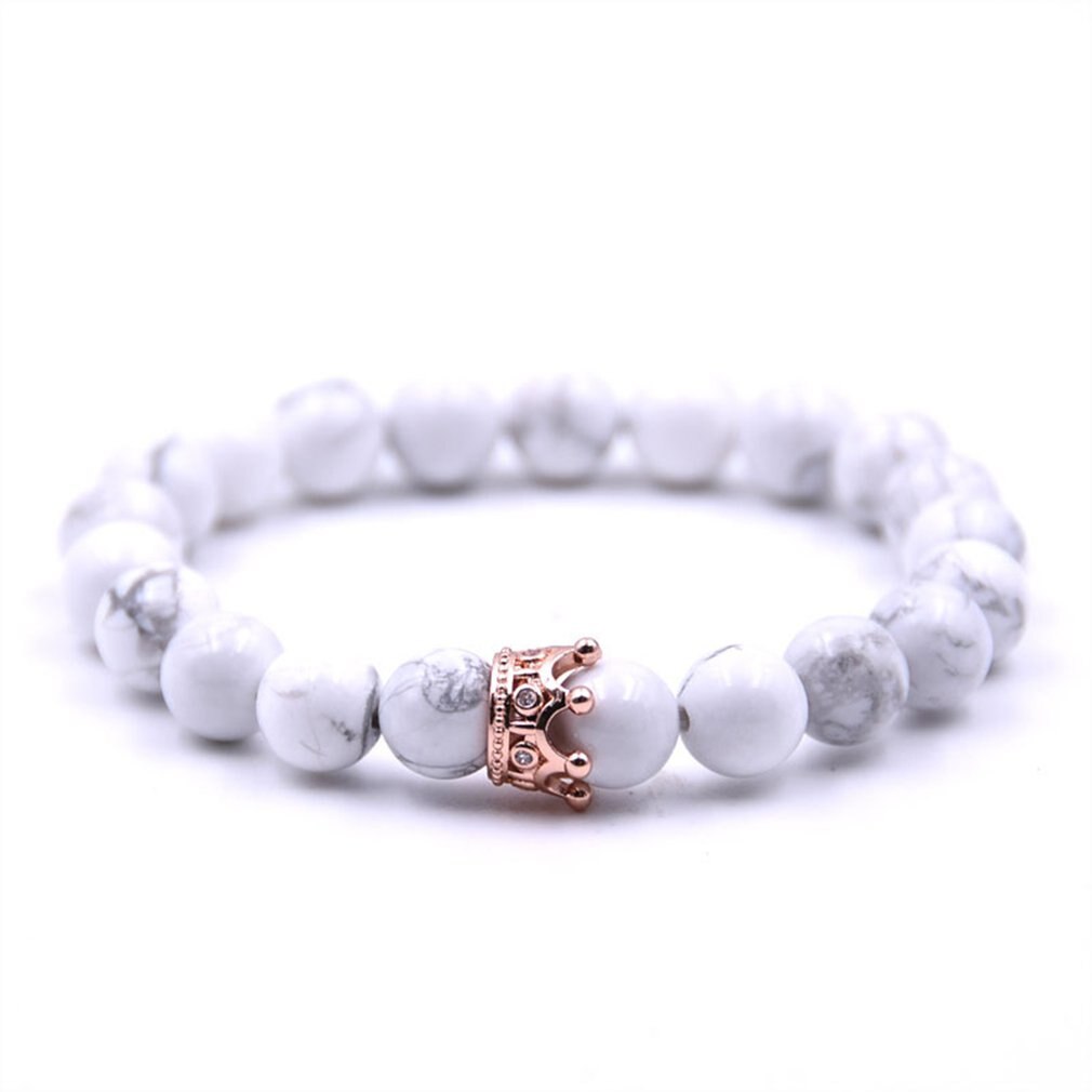 Pulsera de pareja de ajustable de piedra volcánica de mármol Scrub Beads Crown Bangles para Mujeres Hombres joyería con caja negra: white with black box