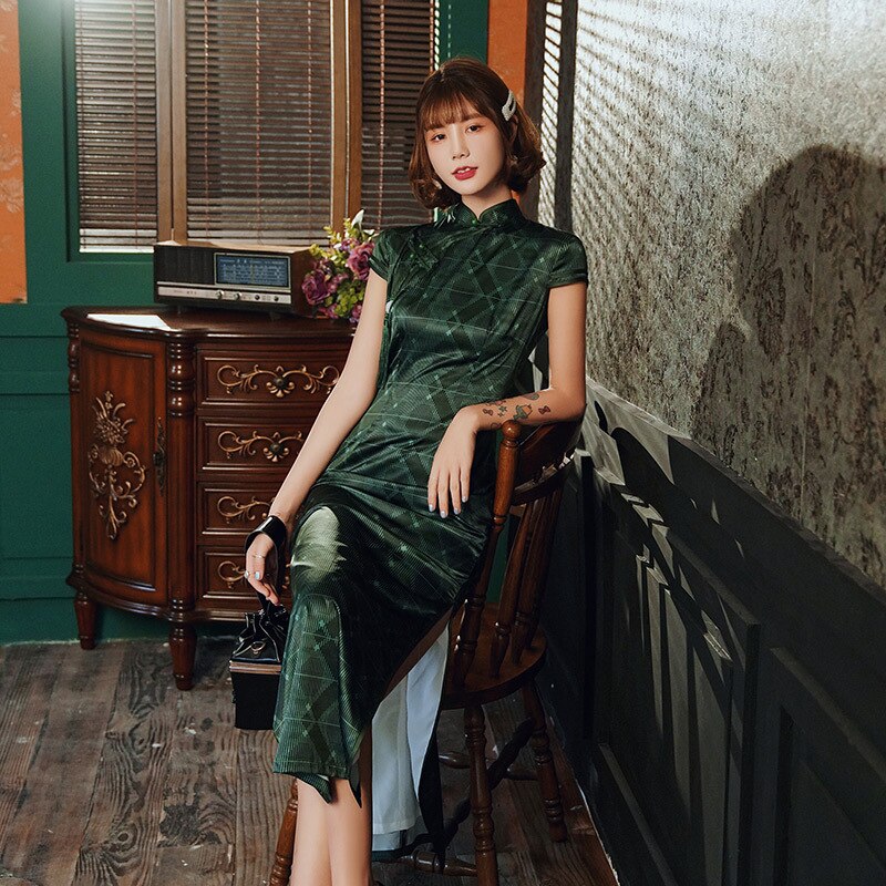 S-4XL Plus Size Chinese Robe Oriental Novelty Pattern Chinees Female Long Cheongsam Evening Dress Green Qi Pao