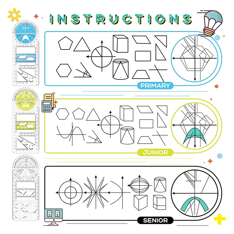 3 Pieces Multifunctional Geometric Ruler Mathematics Drawing Ruler Measuring Tool Geometric Measuring Draft Rulers