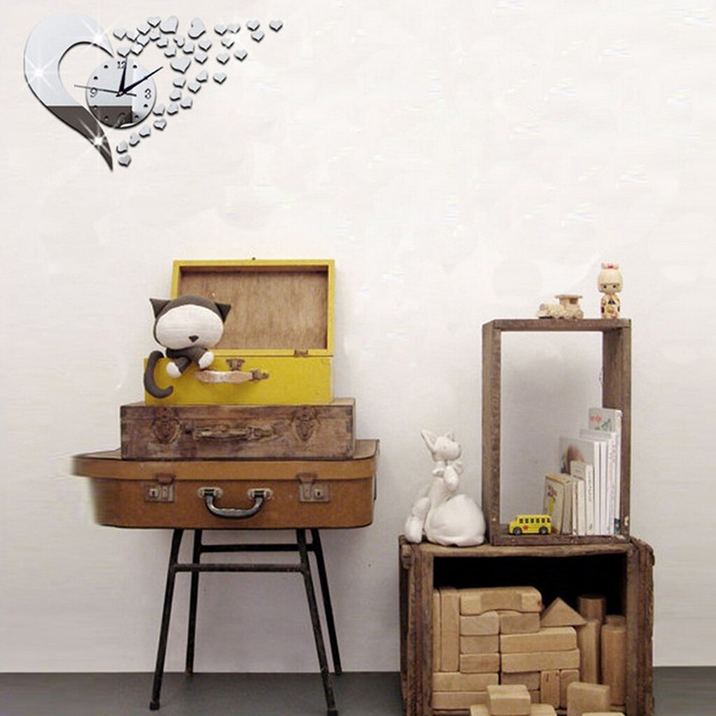 Love Heart Shaped DIY Wall Clock 3D Mirror Surface Sticker Home Wall Decor