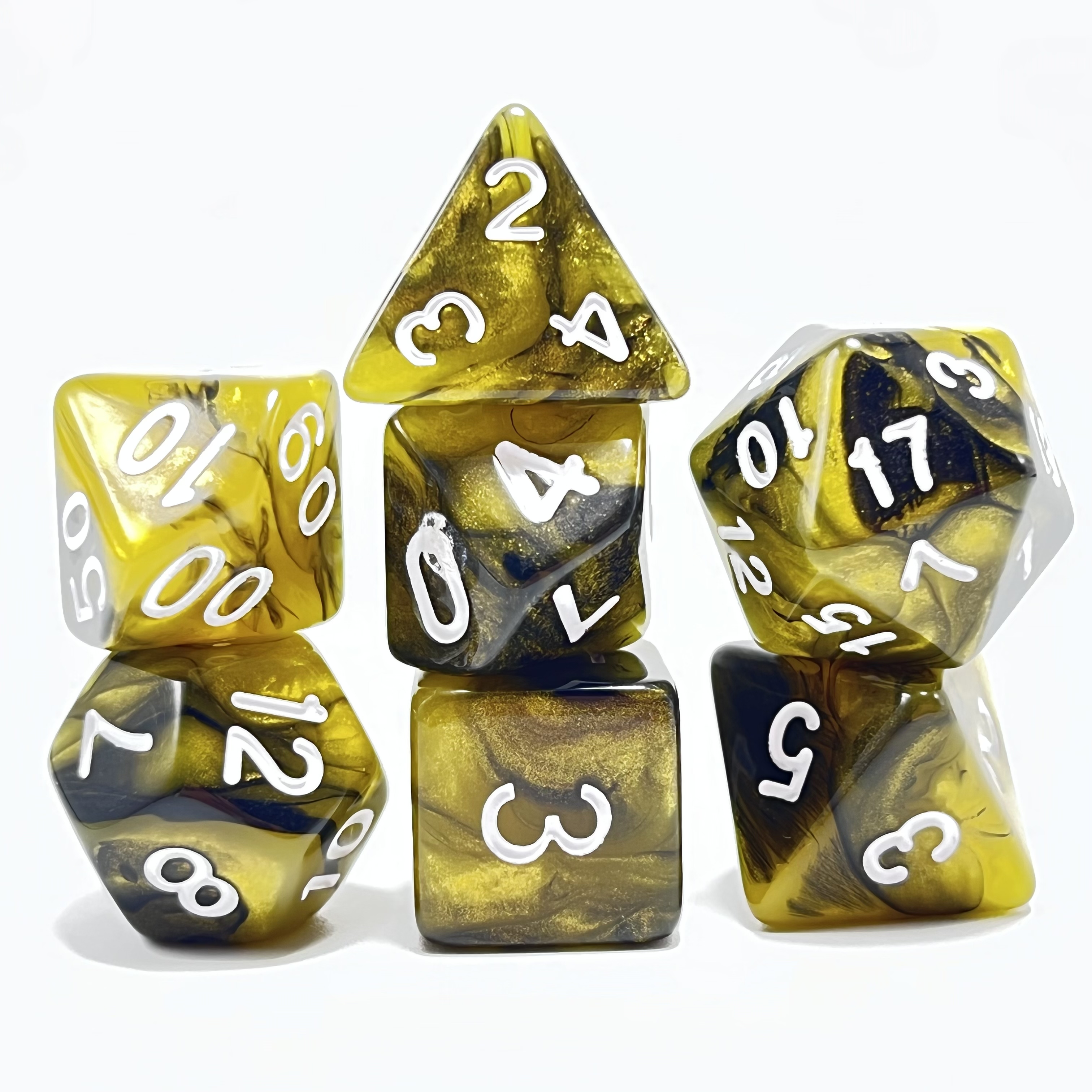 Dados de juego poliédricos de color negro y amarillo con fuente blanca, dados de juego de mesa, dados de juego de mesa, dados de juego de rol
