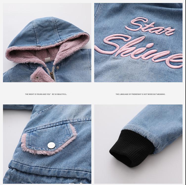 Winter Children's Denim Jackets Teenage Girls Boutique Clothes Velvet Hooded Jean Trench Coat Teen Casual Outerwear Windbreakers