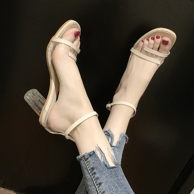 Damesschoenen wilde avondschoenen kristal transparante hoge hakken woord gesp sandalen vrouwelijke feeën stijl zachte schoenen