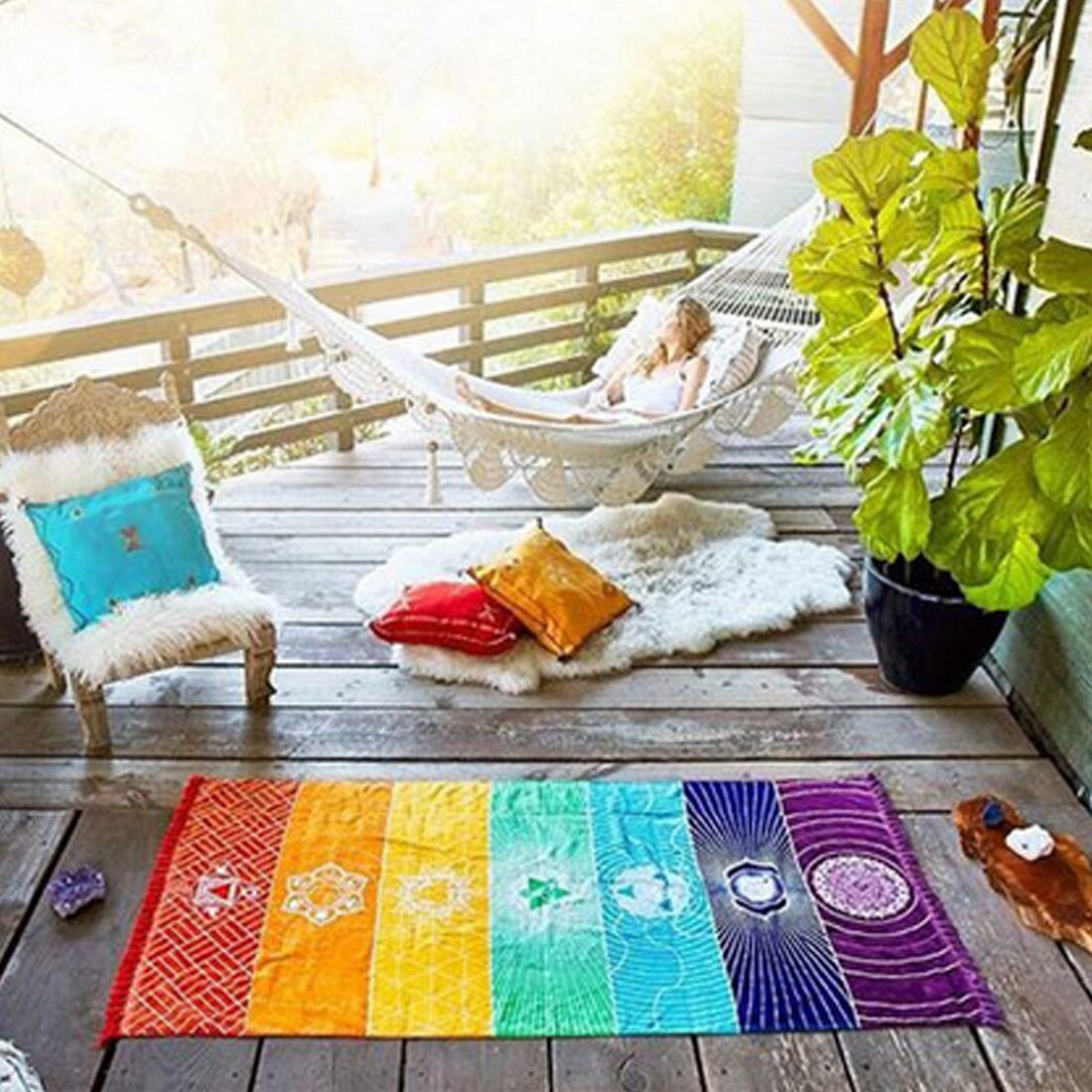 Top Polyester Bohemen Muur Opknoping India Mandala Deken 7 Chakra Gekleurde Tapestry Regenboog Strepen Reizen Strand Yoga Mat