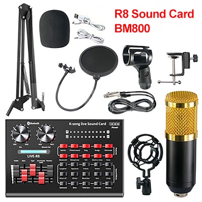 bm 800 Microphone studio R8 Sound Card Kits bm800 Condenser Microphone for PC Computer Phone Karaoke Singing Gaming Mic Stand