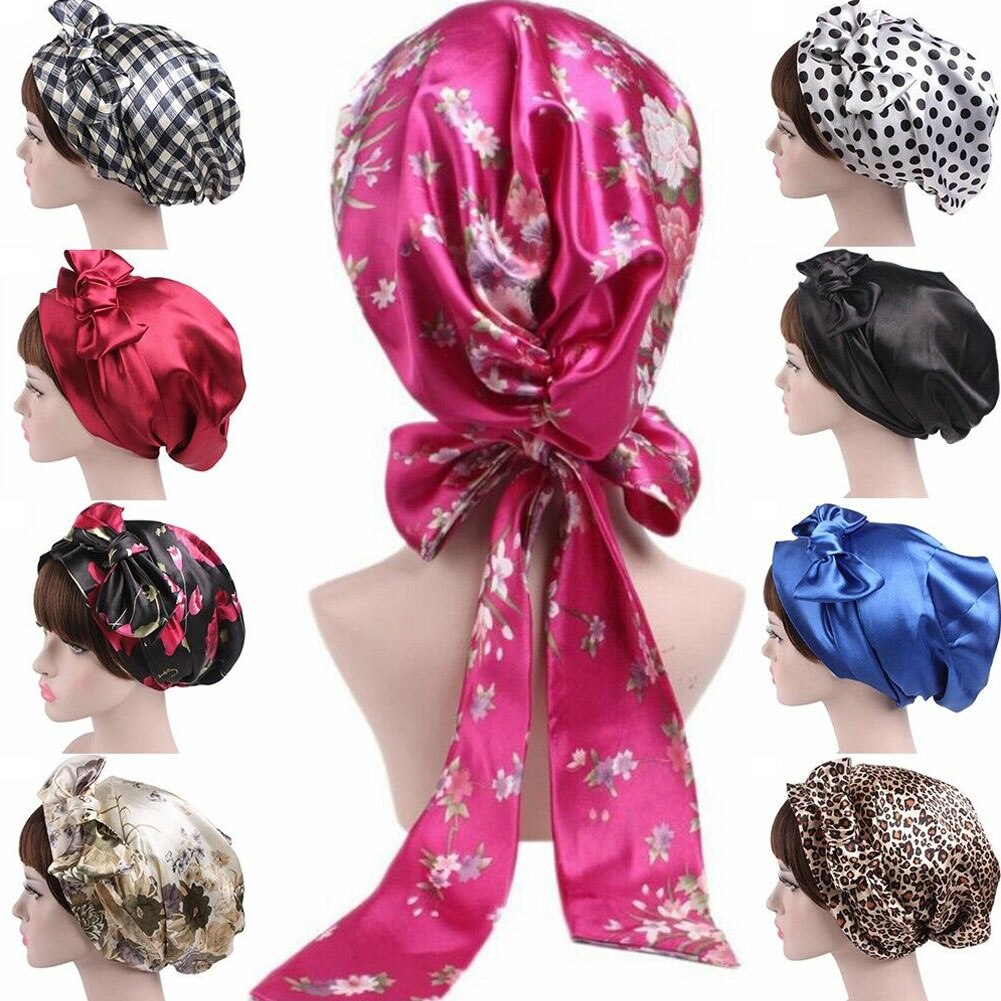 Gorro de ducha de seda para mujer, novedosa, gorro de dormir, gorro para el pelo, cubierta para la cabeza, pañuelo turbante de satén, novedad de