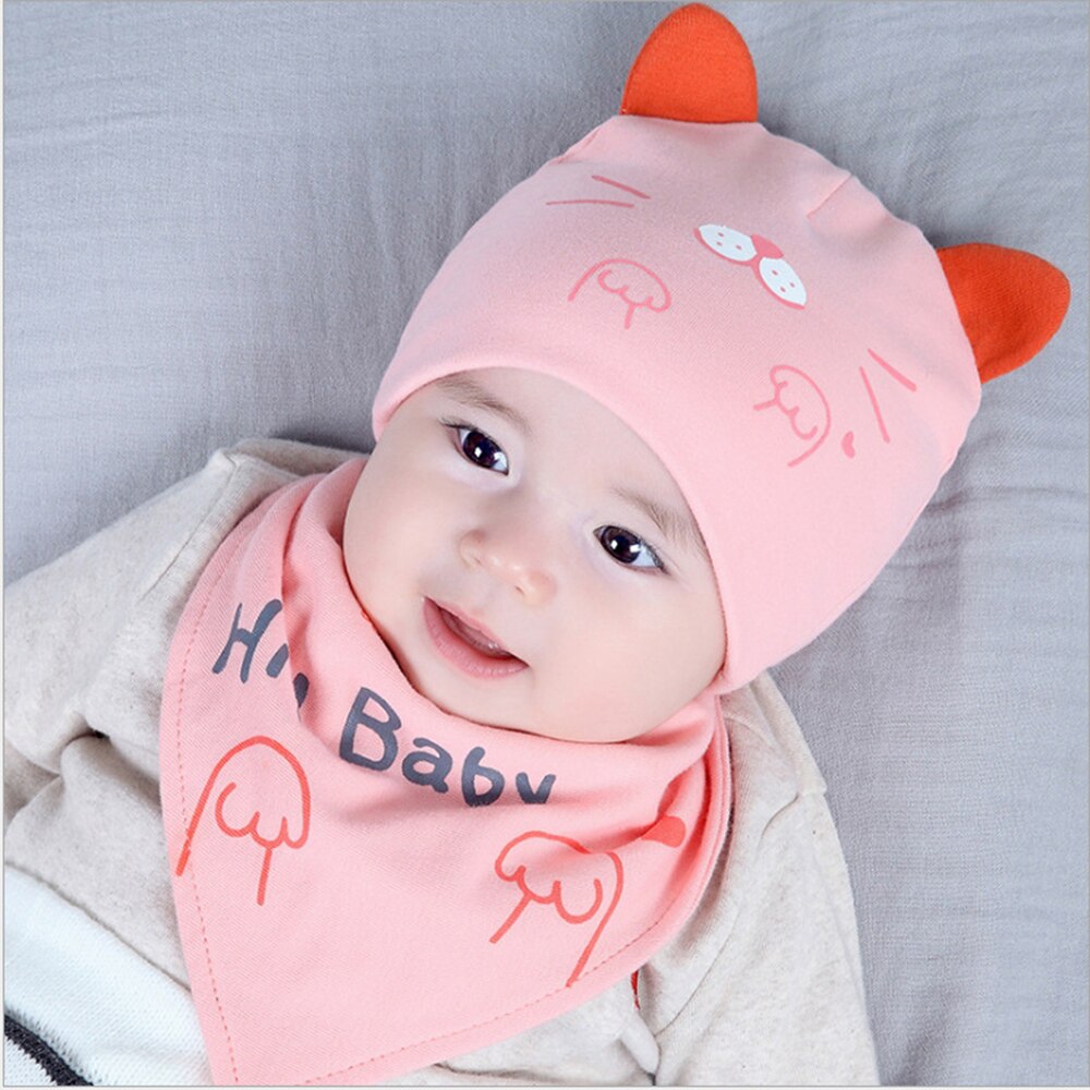 2 unids/set gorros de tejer de dibujos animados para niños Baberos para bebés niñas niños mantener el oído protectores funda gorro para la cabeza + Accesorios Para babero: pink