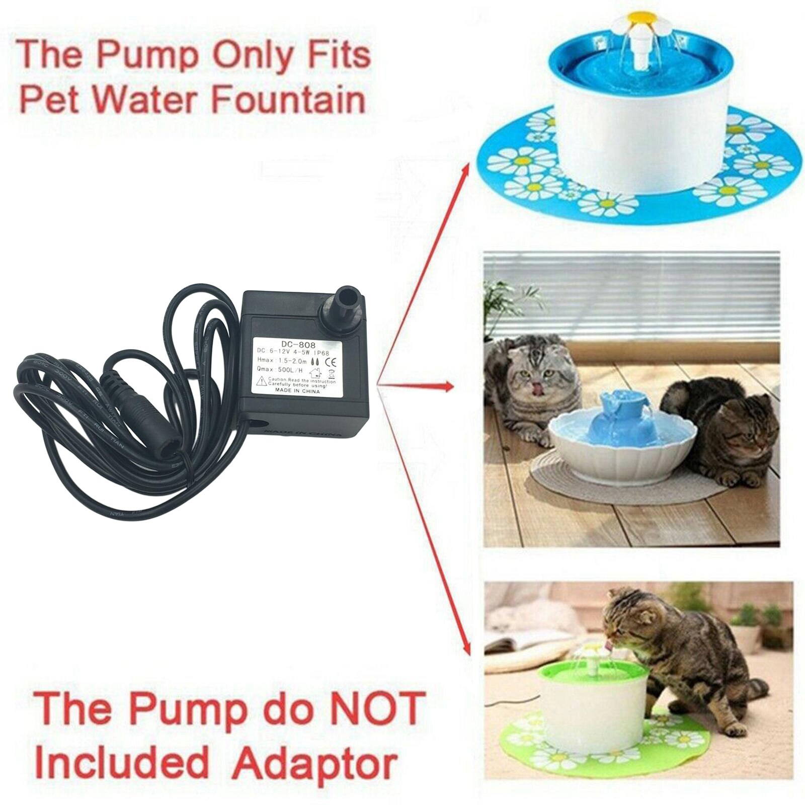 Submersible Pump 5W Ultra Quiet Fountain Water Pump, 500L/H, with 4.92ft High