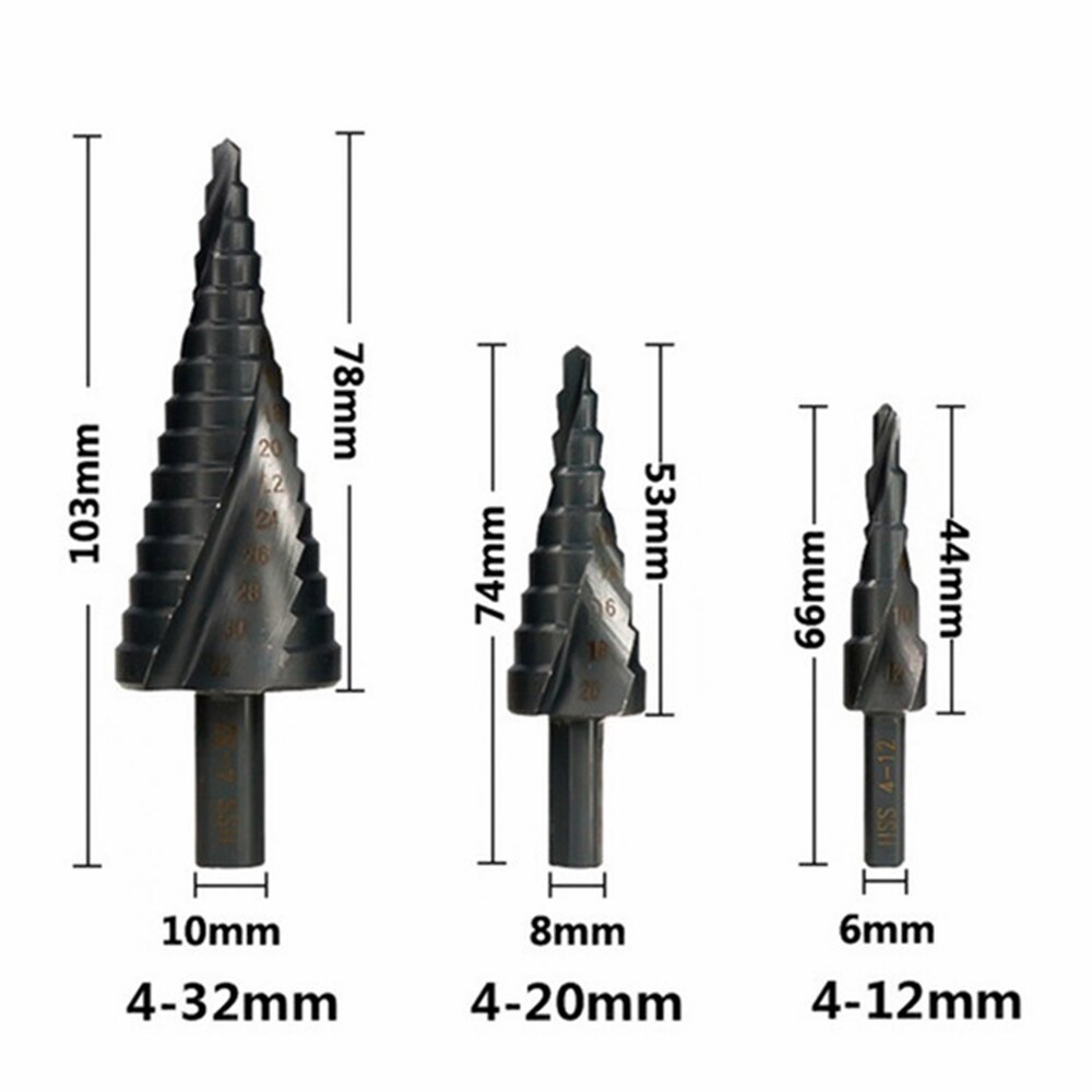 Metal Drills 4-12/20/32mm HSS Cobalt Step Cone Drill Bit Set Nitride Coated Wood Metal Hole Cutter Drill Spiral Groove Drill Bit