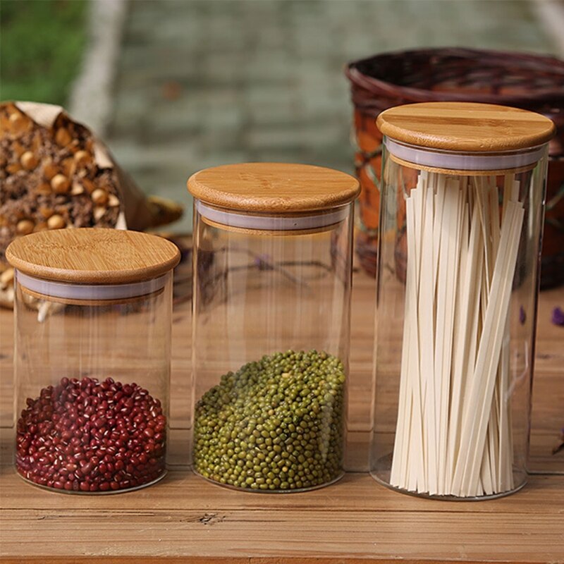 1200ML Glass Food Sealed Jar with Bamboo Wood Lid Sealed Cans Container