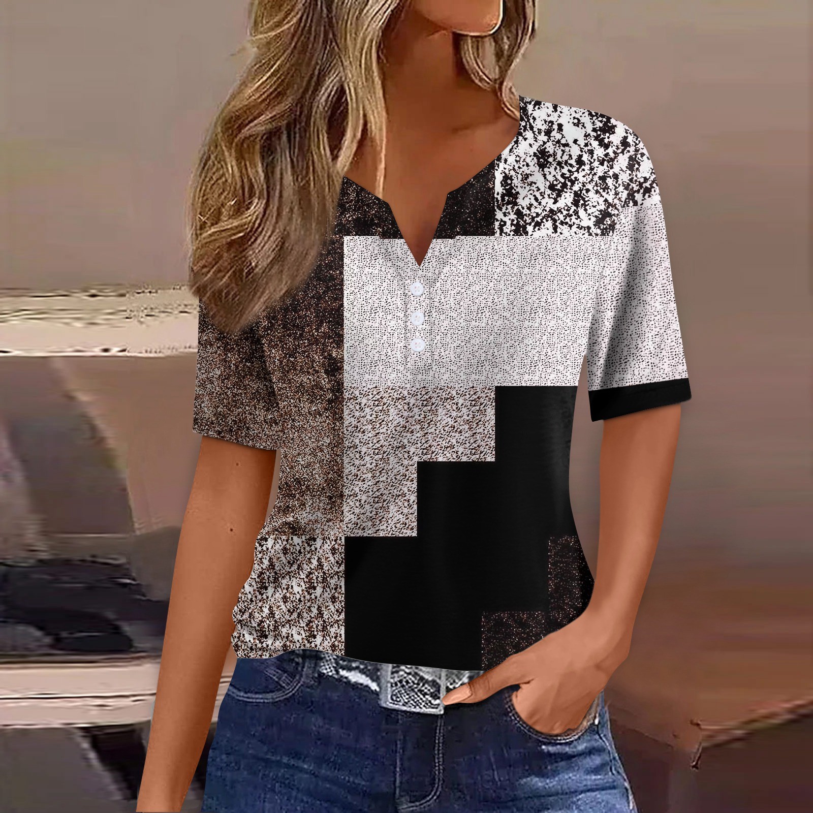 T-shirt à col en V pour femmes, haut décontracté, imprimé rayé, streetwear, t-shirts pour femmes, vêtements d'été,: XXXL / Kaki